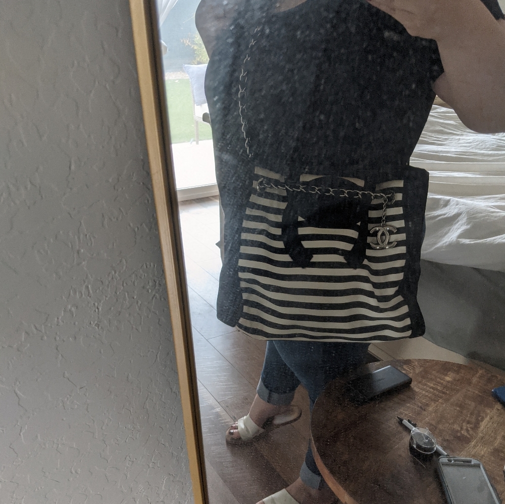 Vintage Striped CC cutout Tote 3 way shoulder bag - Picture 10 of 13